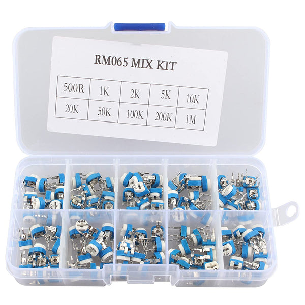 HALJIA 100Pcs 10 Value RM065 6MM Trimmer Potentiometer Assorted Kit Variable Resistor with Plastci Box