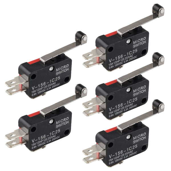 HALJIA 5PCS Micro Limit Switch V-156-1C25 with Long Roll Hinge Roller Lever Arm Momentary SPDT Snap Action LOT Compatible with Arduino