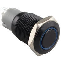 HALJIA 16mm Blue Ring Led Metal Momentary Push Button Switch Car DIY Reset Switch Black DC12V Waterproof