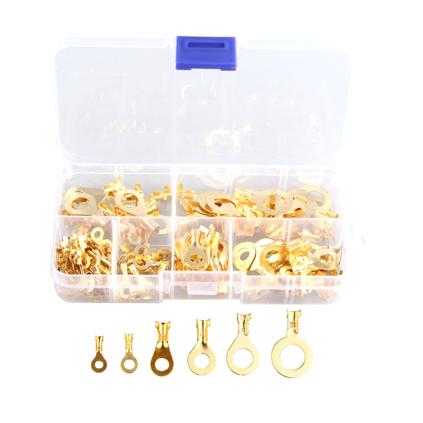 HALJIA 150PCS Assorted Brass Ring Cable Lugs Ring Eyes Copper Crimp Cable Universal Connector Wire Terminals Professional Fire Retardant OT Wire Crimp Connector Assortment M3 M4 M5 M6 M8 M10 Kit Gold